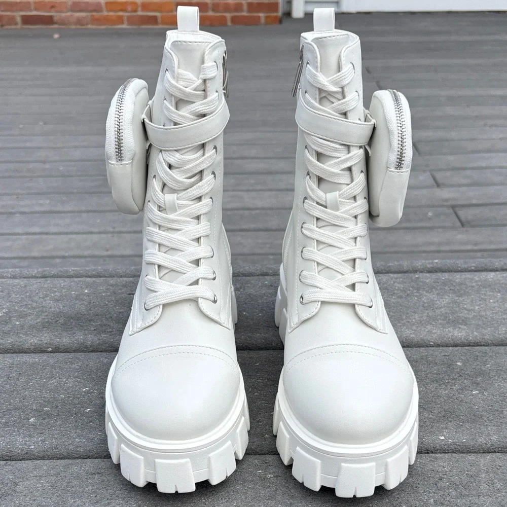 NWT Cape Robbin Women White Monalisa Combat Boots, Zippers, Pocket, Size 11 - Picture 5 of 17